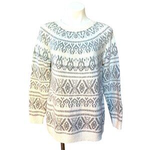 J Jill Cozy Fair Isle Pullover Sweater SMALL White Gray Geometric Stripes